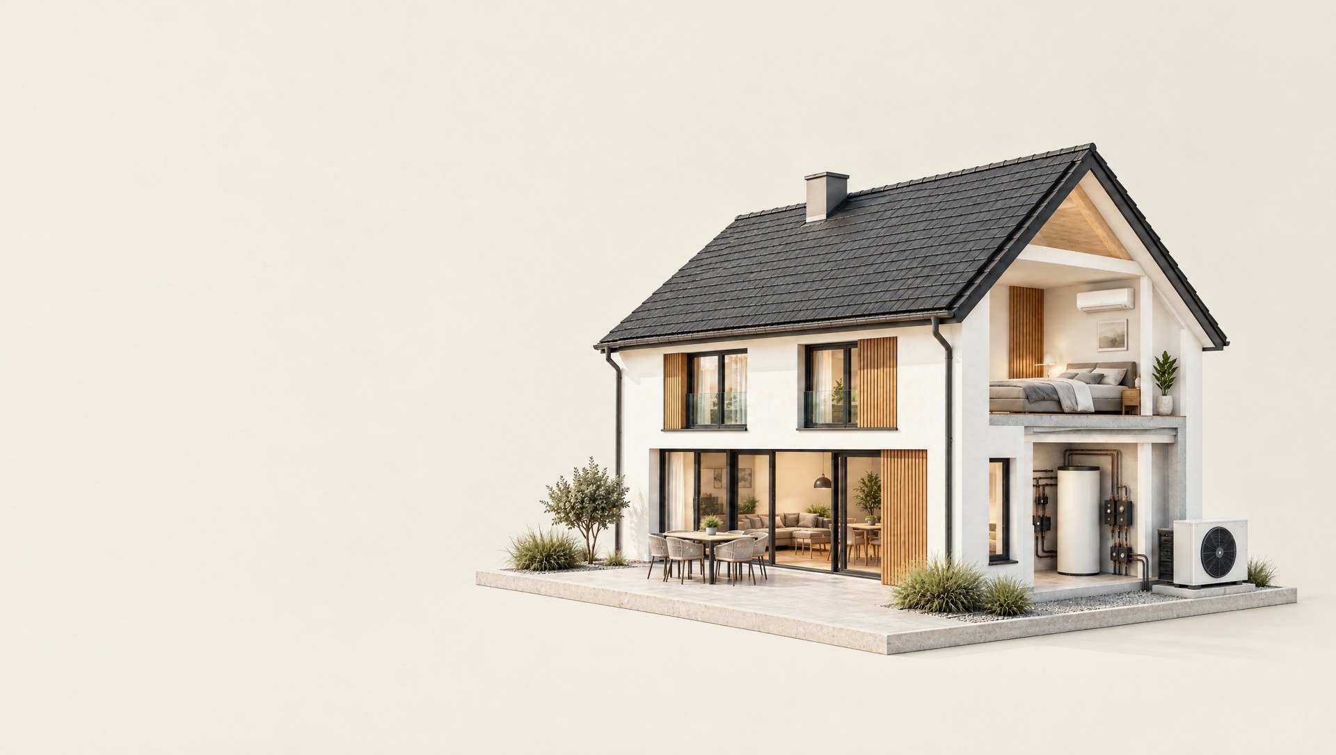 Aufgeschnittenes Einfamilienhaus mit Dach, Klimagerät im Schlafzimmer, Technikraum und Wärmepumpe